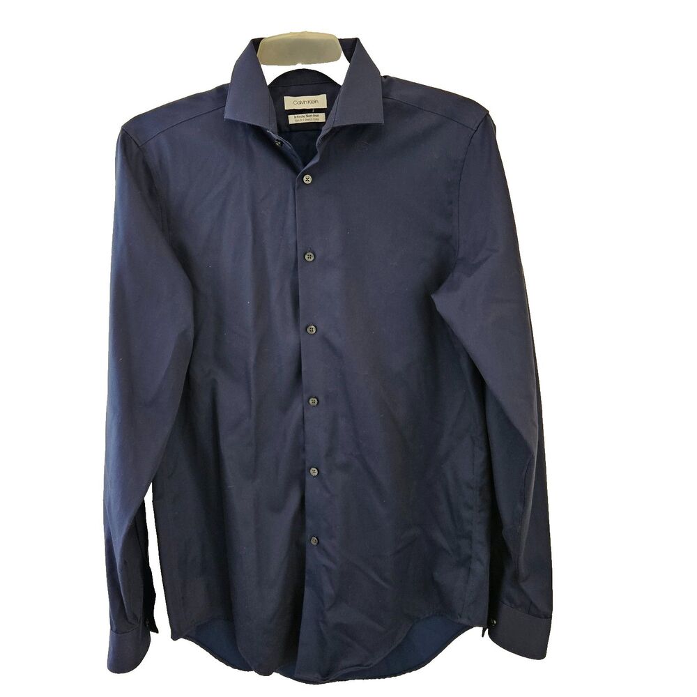 Calvin Klein Shirt Mens 15 34/35 Slim Fit Midnight Blue Non-Iron Stretch Collar